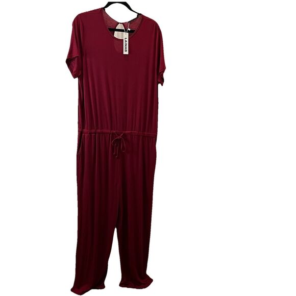 Lainab Burgundy Maroon Jumpsuit Jumper Drawstring Waist Short Sleeve Womens 2XL - Picture 1 of 11